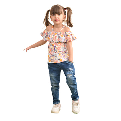 superminis Baby Girls Rayon Floral Print Off Shoulder Top with Shoulder Frill, Peach