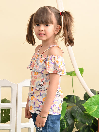 superminis Baby Girls Rayon Floral Print Off Shoulder Top with Shoulder Frill, Peach