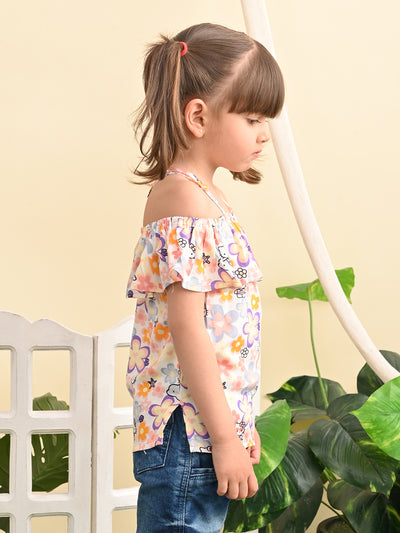 superminis Baby Girls Rayon Floral Print Off Shoulder Top with Shoulder Frill, Peach