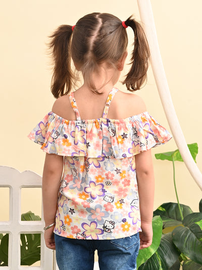 superminis Baby Girls Rayon Floral Print Off Shoulder Top with Shoulder Frill, Peach