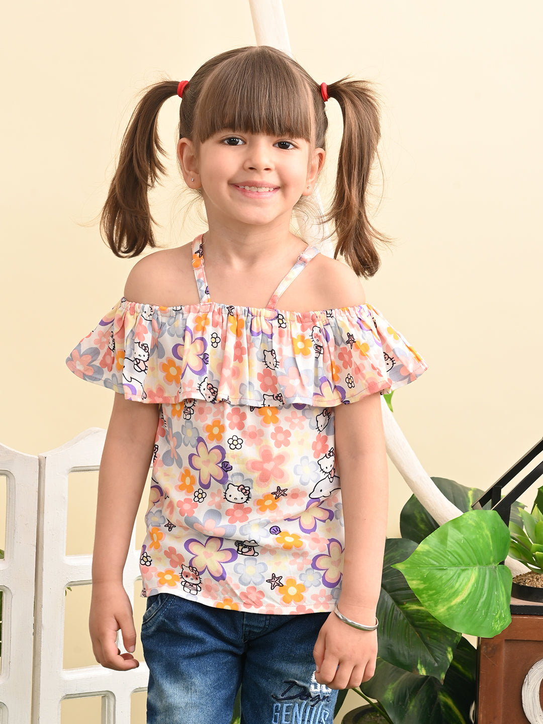 superminis Baby Girls Rayon Floral Print Off Shoulder Top with Shoulder Frill, Peach