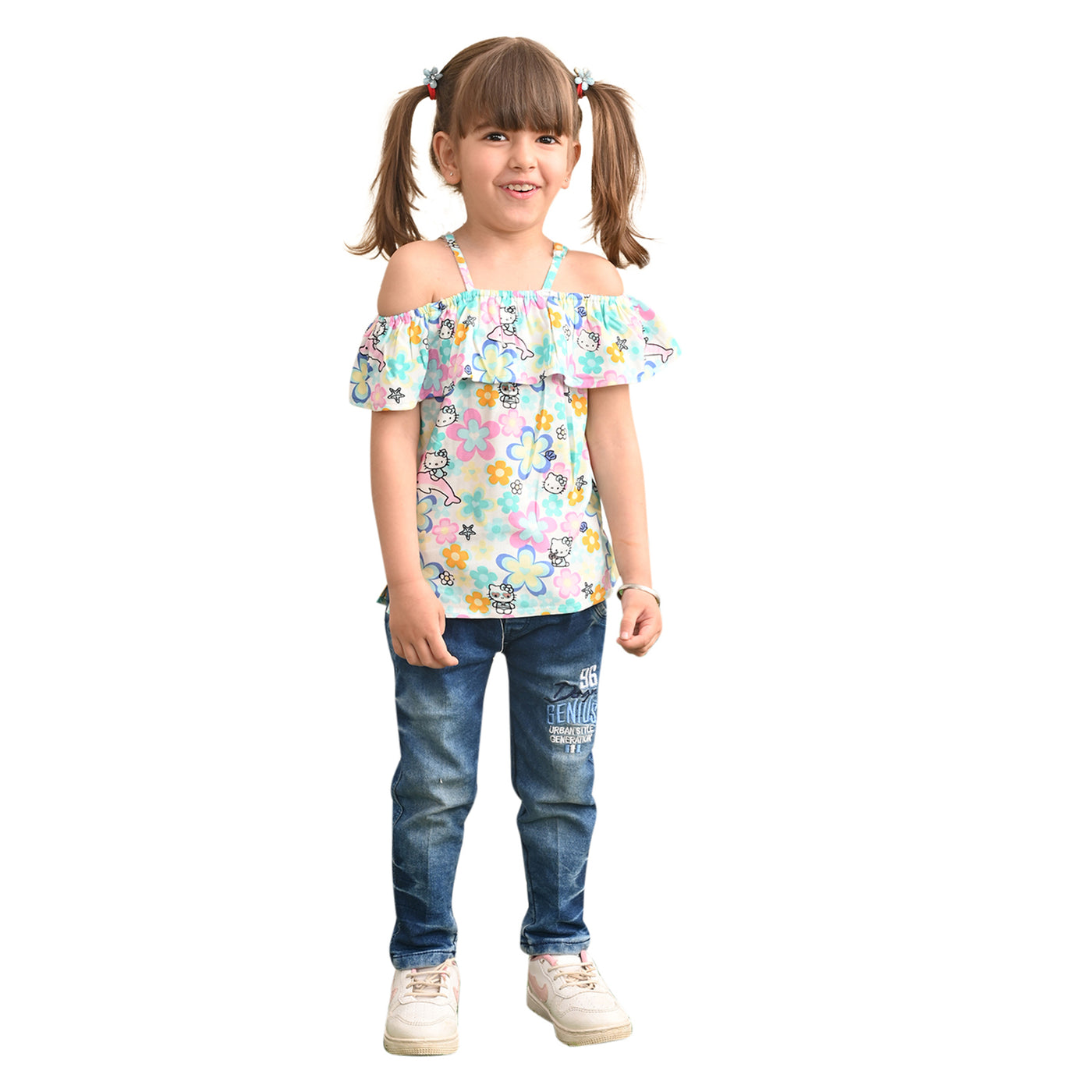 superminis Baby Girls Rayon Floral Print Off Shoulder Top with Shoulder Frill, Green