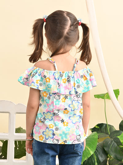 superminis Baby Girls Rayon Floral Print Off Shoulder Top with Shoulder Frill, Green