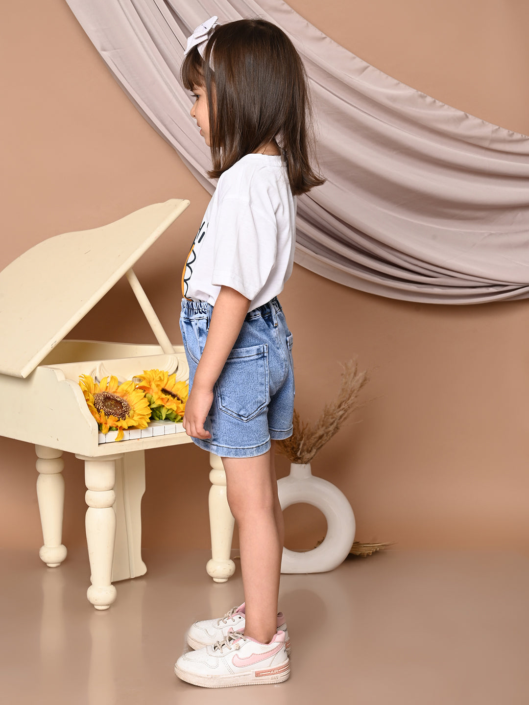 Girls Cotton Printed T-Shirt and Bottom Folded Denim Shorts Clothing Set, Sky Blue+White