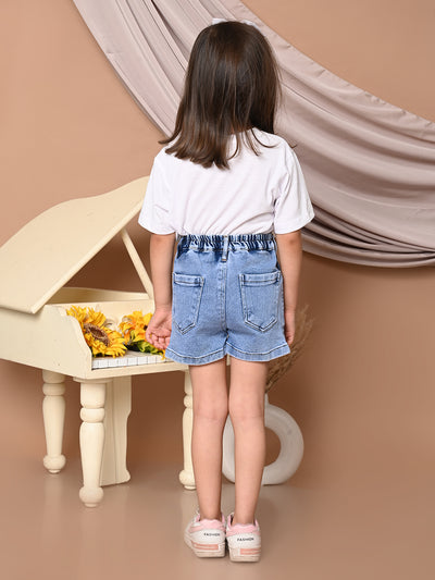 Girls Cotton Printed T-Shirt and Bottom Folded Denim Shorts Clothing Set, Sky Blue+White