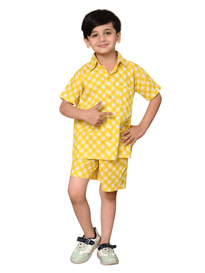 Boys Cotton Check Printed Co-ord Set With Spread Collar Shirt and Short, Yellow