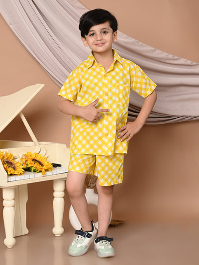 Boys Cotton Check Printed Co-ord Set With Spread Collar Shirt and Short, Yellow