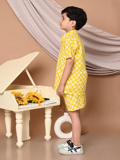 Boys Cotton Check Printed Co-ord Set With Spread Collar Shirt and Short, Yellow