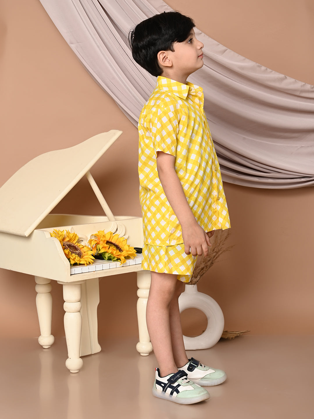 Boys Cotton Check Printed Co-ord Set With Spread Collar Shirt and Short, Yellow