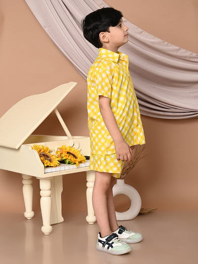 Boys Cotton Check Printed Co-ord Set With Spread Collar Shirt and Short, Yellow