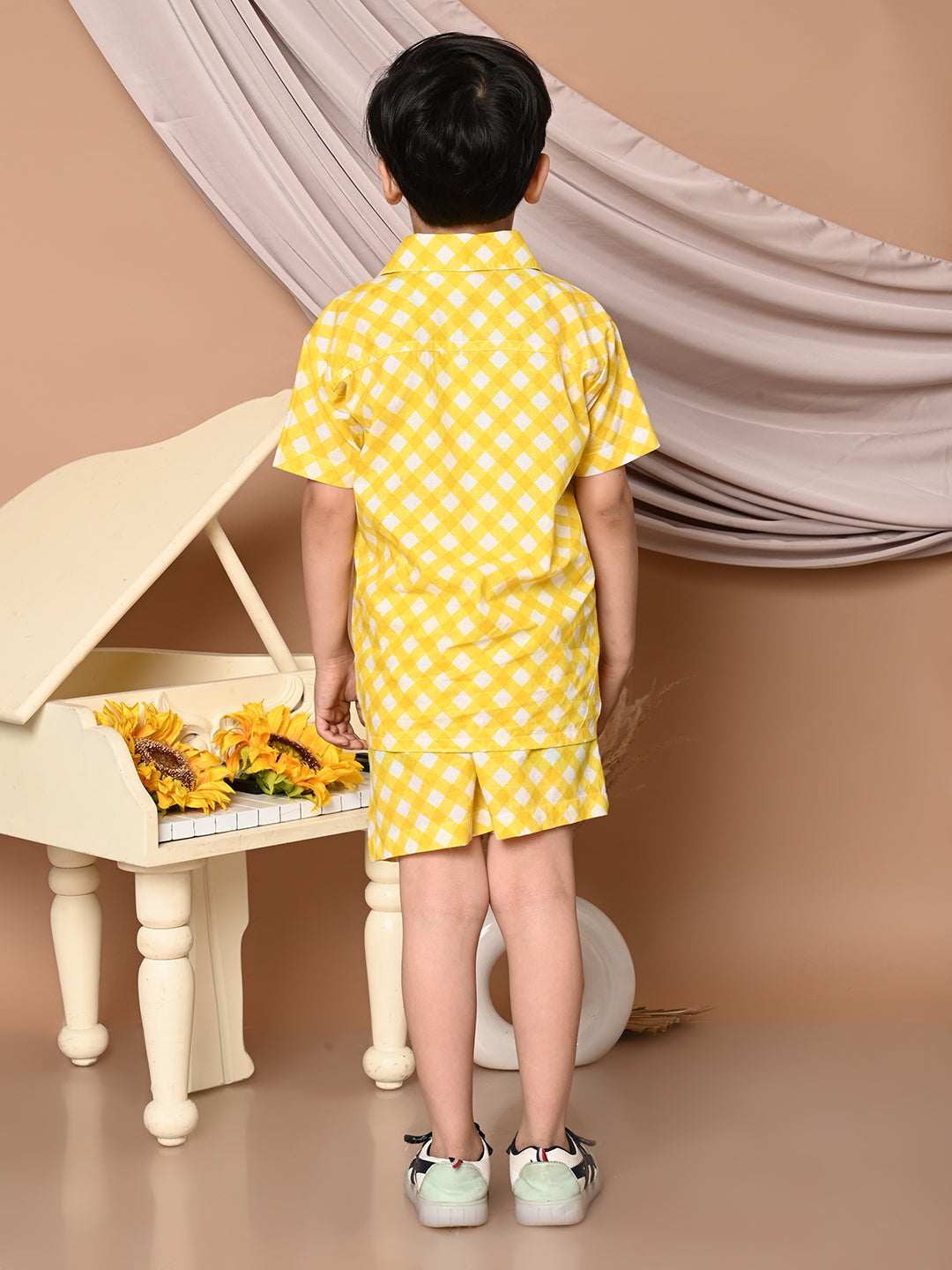 Boys Cotton Check Printed Co-ord Set With Spread Collar Shirt and Short, Yellow