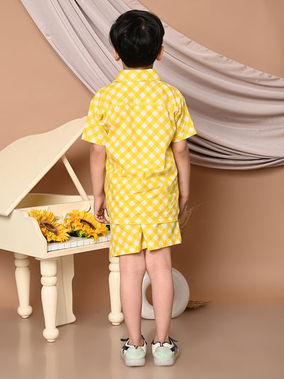 Boys Cotton Check Printed Co-ord Set With Spread Collar Shirt and Short, Yellow