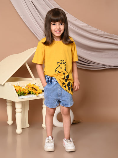 Girls Cotton Printed T-Shirt and Bottom Folded Denim Shorts Clothing Set, Sky Blue+Blue