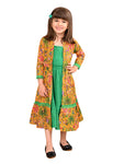 Girls Cotton Floral Printed Front Open Shrug with Solid Color Strappy Top Dress, Yellow
