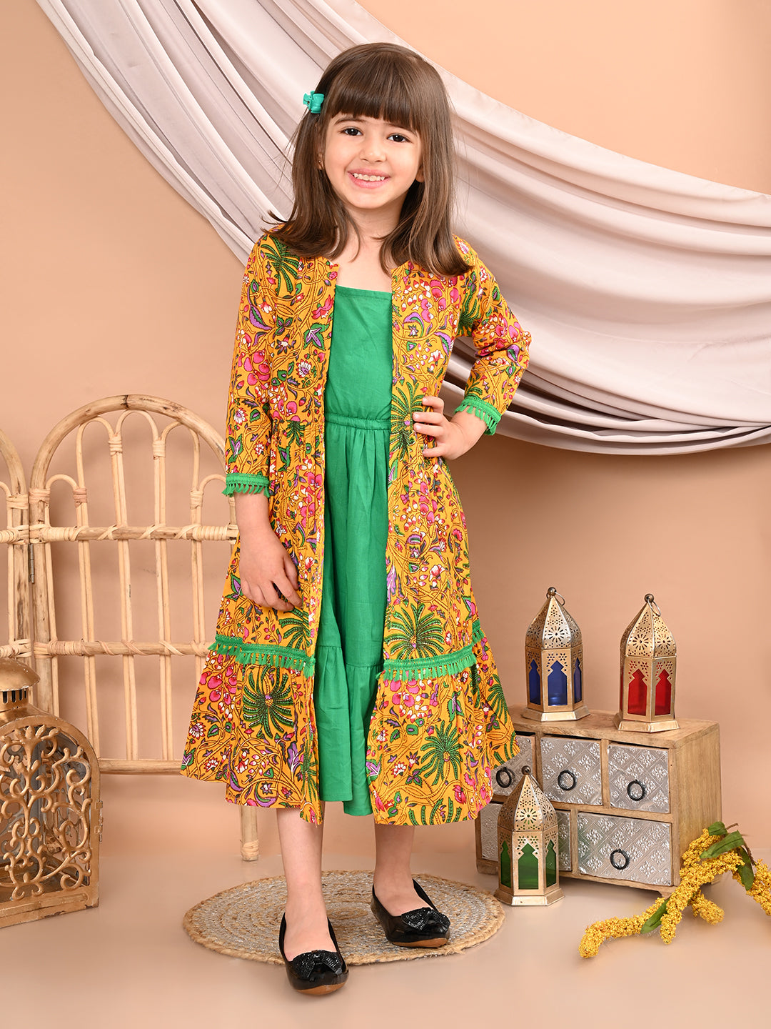 Girls Cotton Floral Printed Front Open Shrug with Solid Color Strappy Top Dress, Yellow