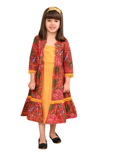 Girls Cotton Floral Printed Front Open Shrug with Solid Color Strappy Top Dress, Red