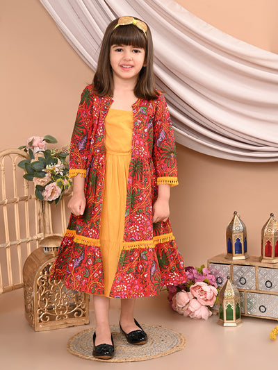 Girls Cotton Floral Printed Front Open Shrug with Solid Color Strappy Top Dress, Red