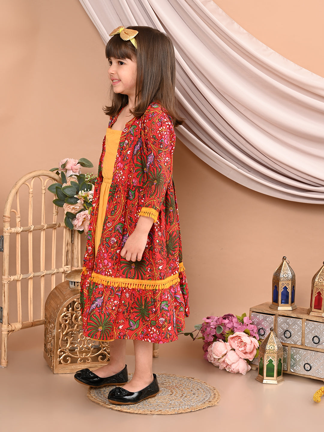 Girls Cotton Floral Printed Front Open Shrug with Solid Color Strappy Top Dress, Red