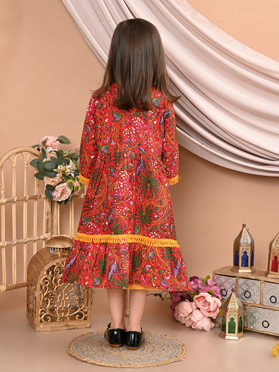 Girls Cotton Floral Printed Front Open Shrug with Solid Color Strappy Top Dress, Red