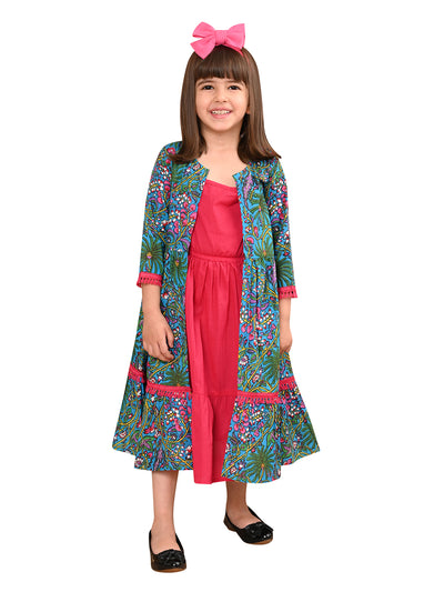 Girls Cotton Floral Printed Front Open Shrug with Solid Color Strappy Top Dress, Blue