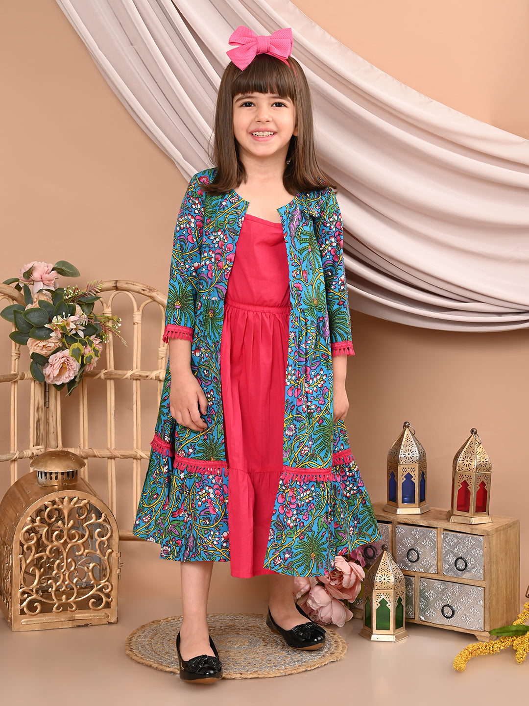 Girls Cotton Floral Printed Front Open Shrug with Solid Color Strappy Top Dress, Blue