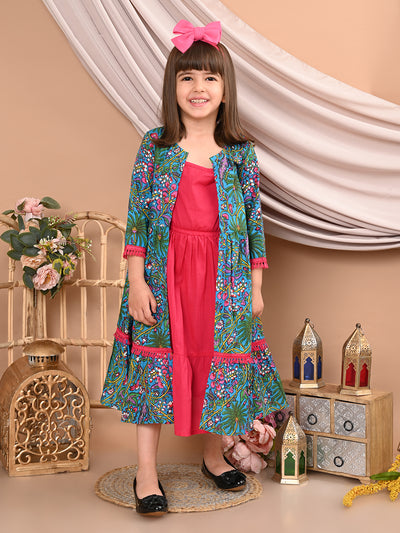 Girls Cotton Floral Printed Front Open Shrug with Solid Color Strappy Top Dress, Blue