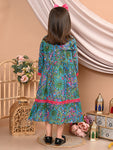 Girls Cotton Floral Printed Front Open Shrug with Solid Color Strappy Top Dress, Blue