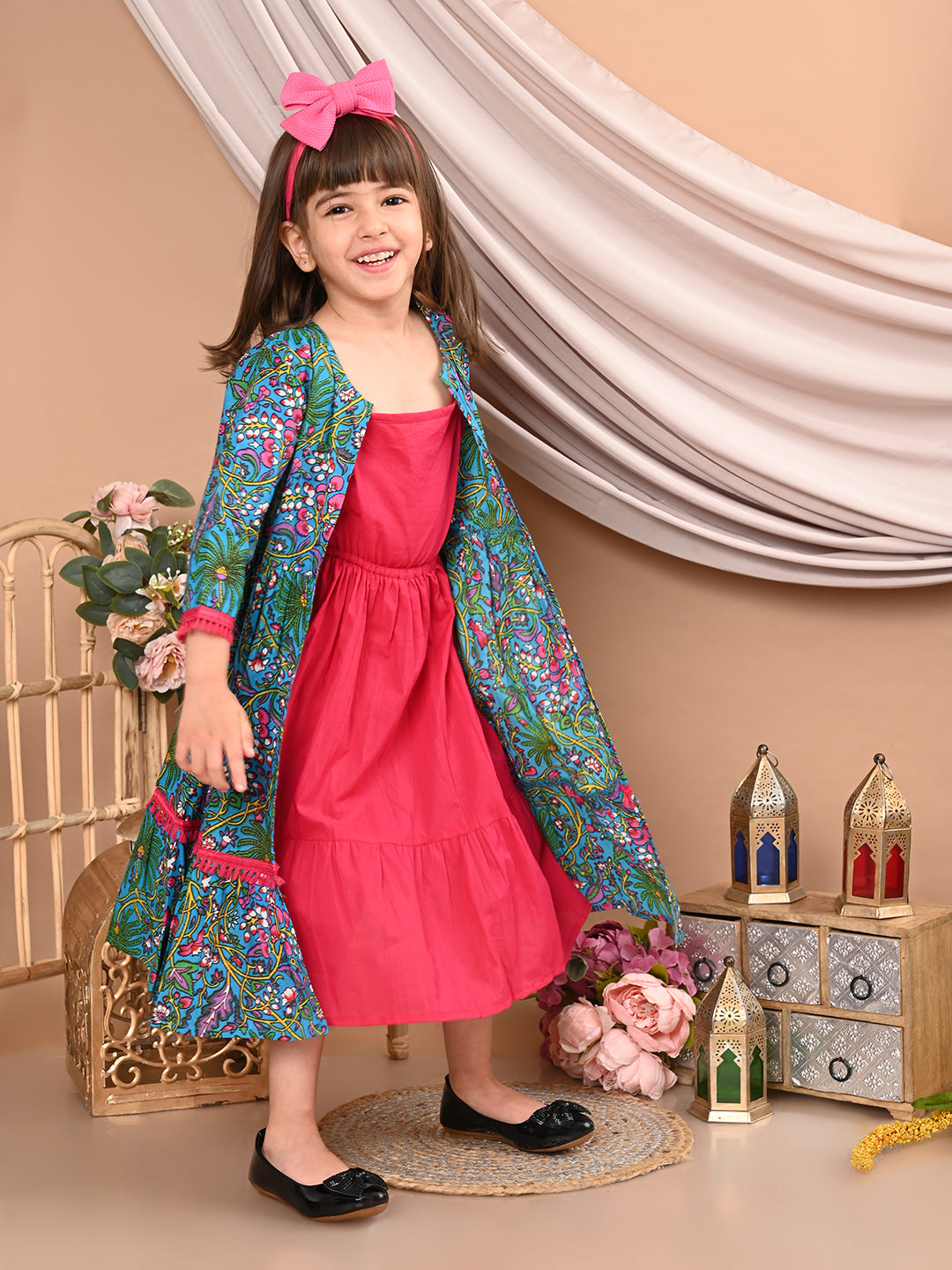 Girls Cotton Floral Printed Front Open Shrug with Solid Color Strappy Top Dress, Blue