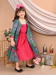 Girls Cotton Floral Printed Front Open Shrug with Solid Color Strappy Top Dress, Blue