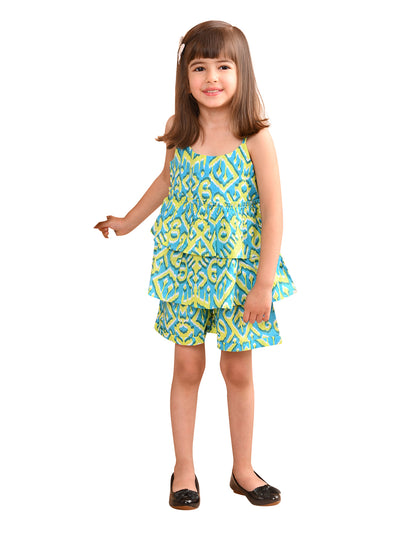 Baby Girls Cotton Ikat Printed Flared Strappy Top with Matching Shorts, Green