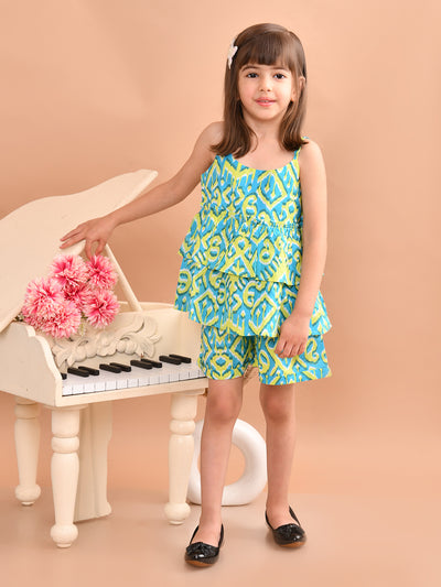 Baby Girls Cotton Ikat Printed Flared Strappy Top with Matching Shorts, Green