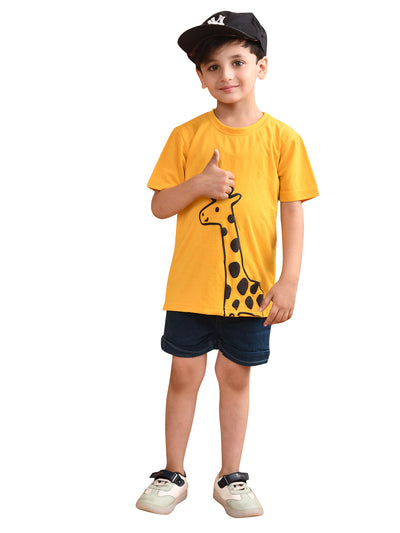 Boys Cotton Printed T-Shirt and Bottom Folded Denim Shorts Clothing Set (Green & Yellow)