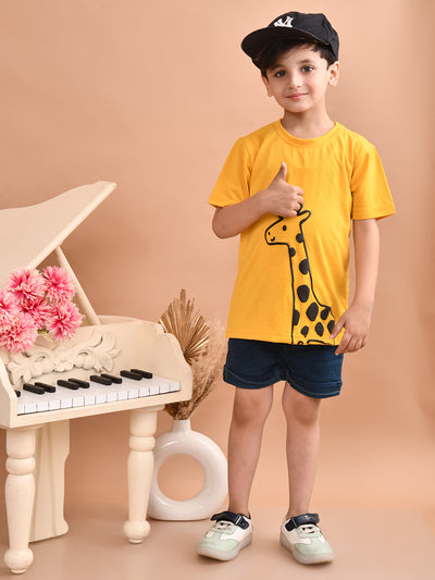 Boys Cotton Printed T-Shirt and Bottom Folded Denim Shorts Clothing Set (Green & Yellow)