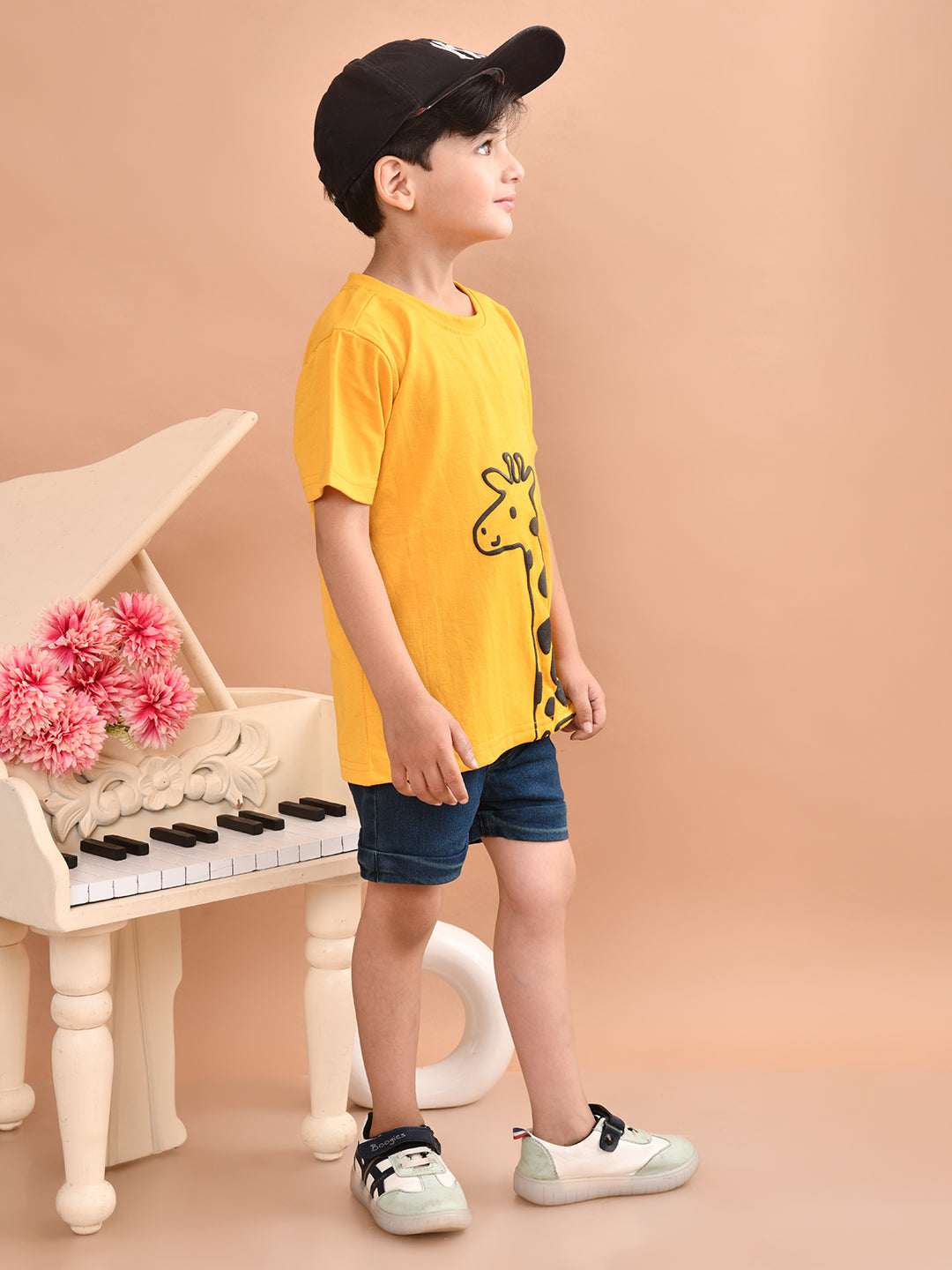 Boys Cotton Printed T-Shirt and Bottom Folded Denim Shorts Clothing Set (Green & Yellow)