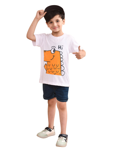 Boys Cotton Printed T-Shirt and Bottom Folded Denim Shorts Clothing Set (Green & White)