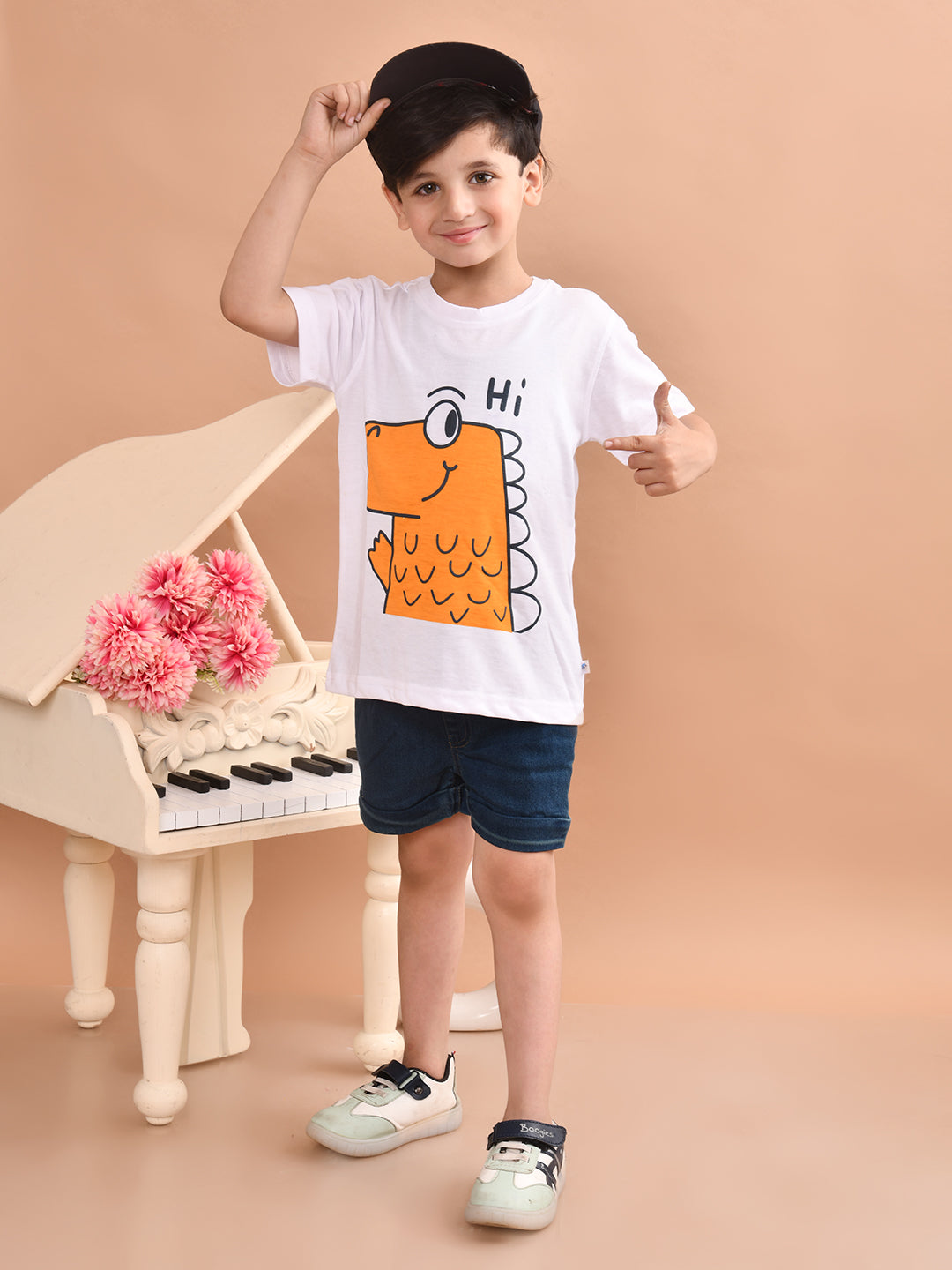 Boys Cotton Printed T-Shirt and Bottom Folded Denim Shorts Clothing Set (Green & White)