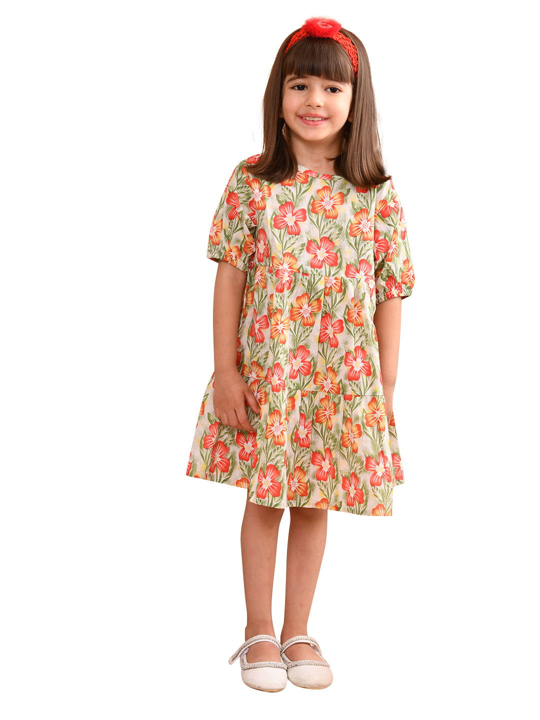 Girls Cotton Floral Printed Round Neck Flared Frock/Dress with Balloon Style Sleeves, Green