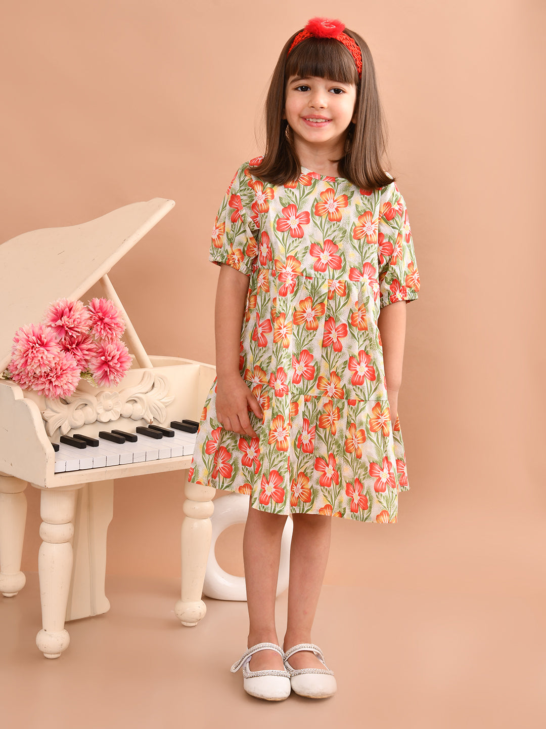 Girls Cotton Floral Printed Round Neck Flared Frock/Dress with Balloon Style Sleeves, Green