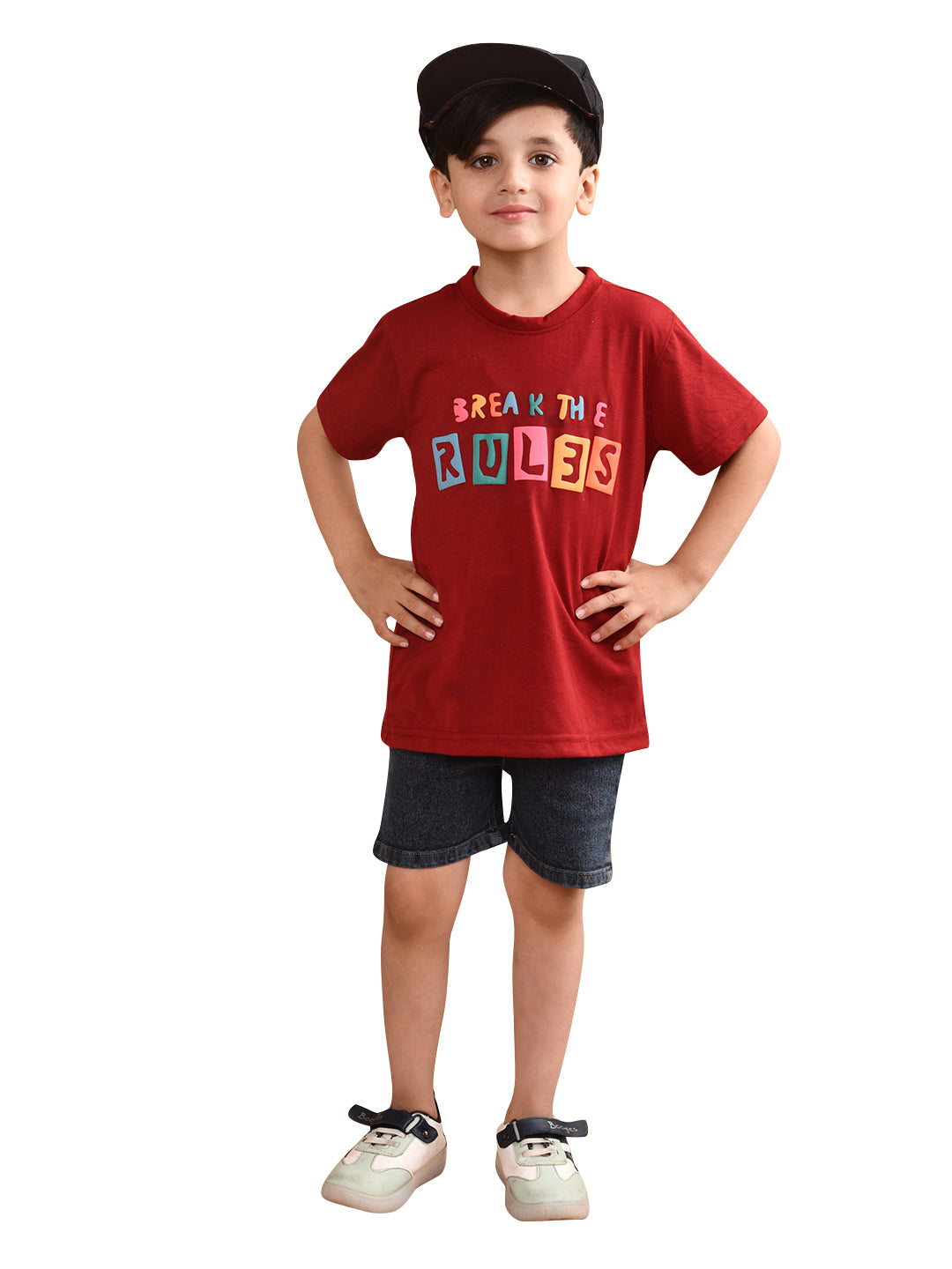 Boys Cotton Printed T-Shirt and Bottom Folded Denim Shorts Clothing Set (Navy Blue & Maroon)