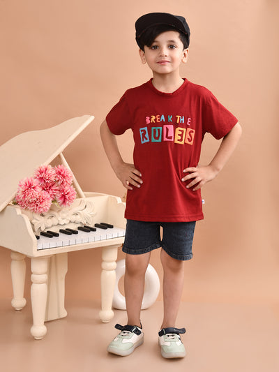 Boys Cotton Printed T-Shirt and Bottom Folded Denim Shorts Clothing Set (Navy Blue & Maroon)