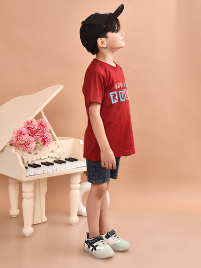 Boys Cotton Printed T-Shirt and Bottom Folded Denim Shorts Clothing Set (Navy Blue & Maroon)