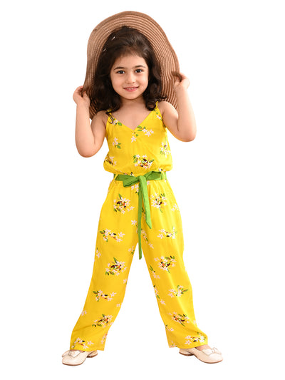 superminis Girls Rayon Sleeveless Wrap Neck Jump Suit With Elastic Waistband, Yellow