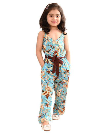 superminis Girls Rayon Sleeveless Wrap Neck Jump Suit With Elastic Waistband, Blue