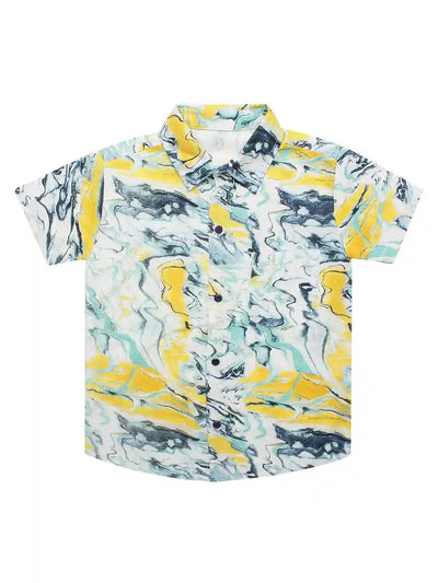 Boys Co-ord Set, Floral Print Shirt & Shorts Ensemble, Yellow Colour