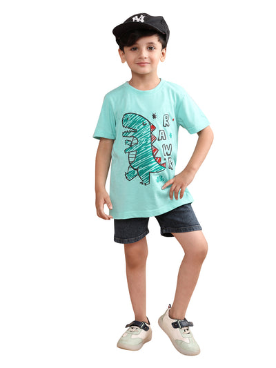 Boys Cotton Printed T-Shirt and Bottom Folded Denim Shorts Clothing Set (Navy Blue & Sea Green)