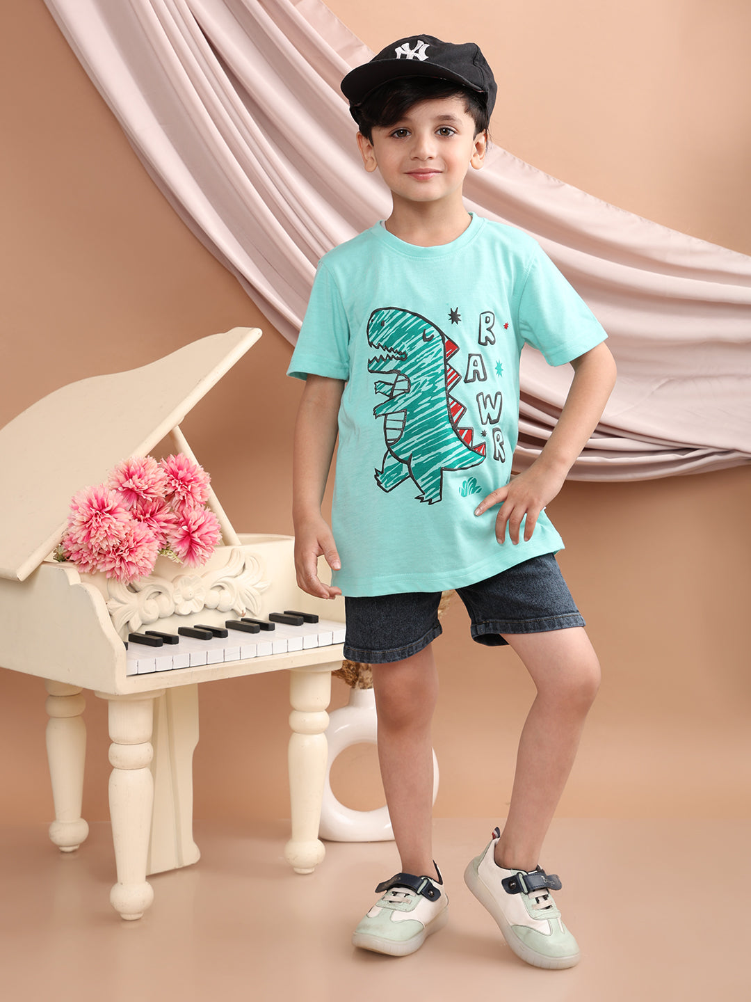 Boys Cotton Printed T-Shirt and Bottom Folded Denim Shorts Clothing Set (Navy Blue & Sea Green)