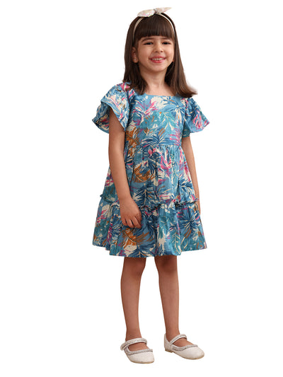 Girls Cotton Tropical Printed Frill Sleeves Frock/Dress with Stylish Back Bow, Blue