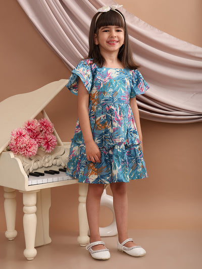 Girls Cotton Tropical Printed Frill Sleeves Frock/Dress with Stylish Back Bow, Blue