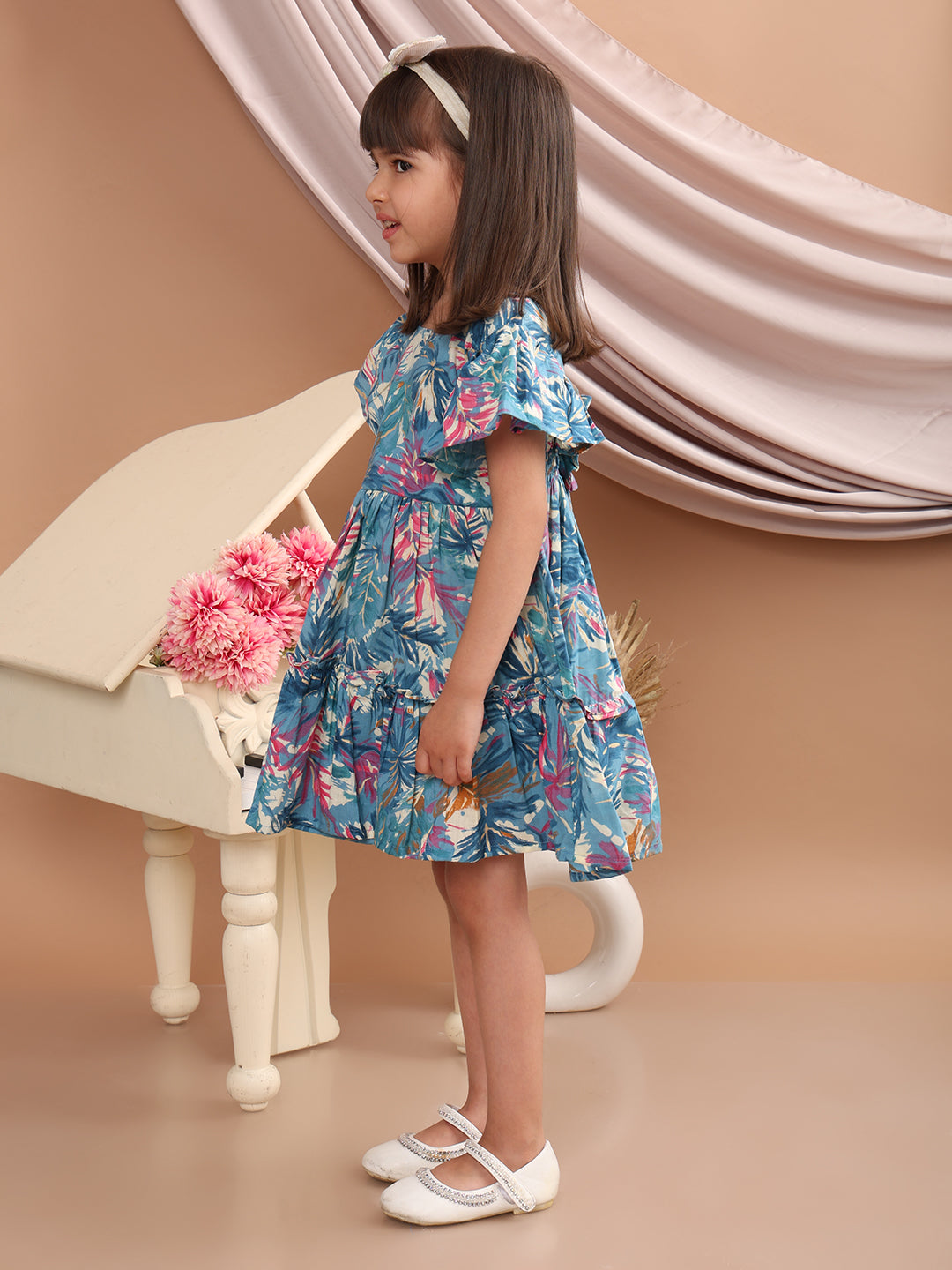 Girls Cotton Tropical Printed Frill Sleeves Frock/Dress with Stylish Back Bow, Blue