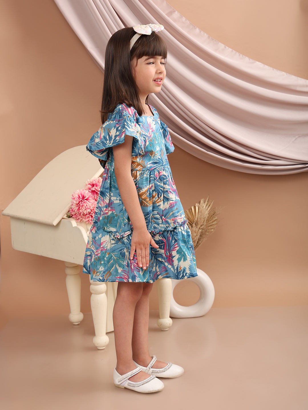 Girls Cotton Tropical Printed Frill Sleeves Frock/Dress with Stylish Back Bow, Blue